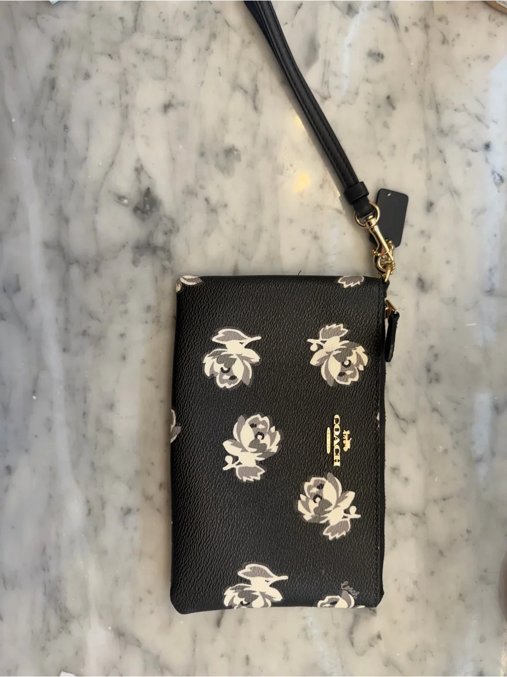 COACH Black Floral Zip Wristlet with Gold Logo
